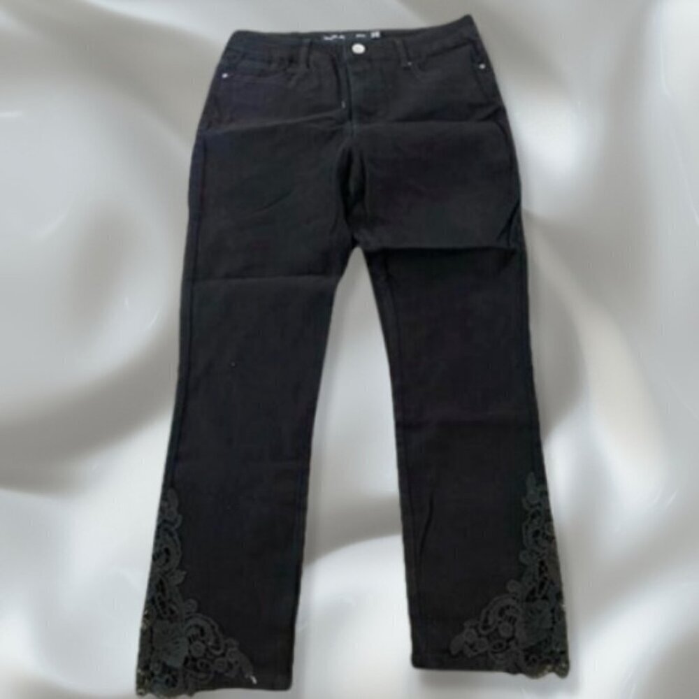 Long Tall Sally Women's Crochet Lace Hem Ankle Cropped Black Denim Jeans, Size 4